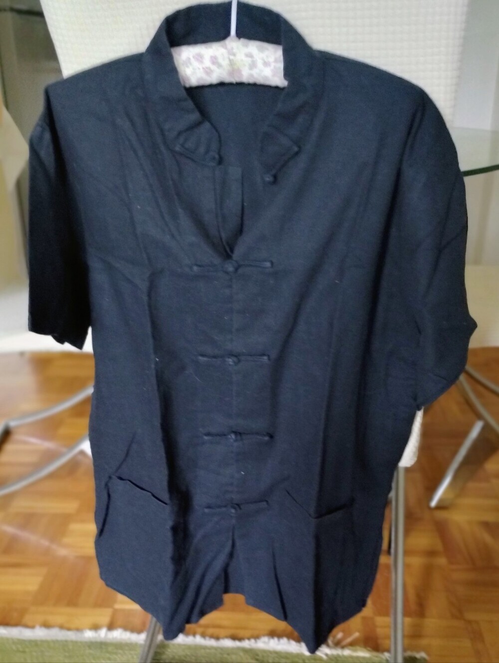 Black Linen-Style Mandarin Collar Shirt